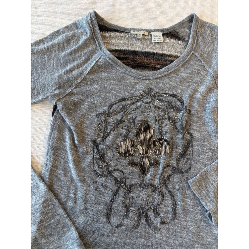 Miss Me Girls XL Gray Embellished Fleur-de-Lis Top Striped Back High-Low Hem